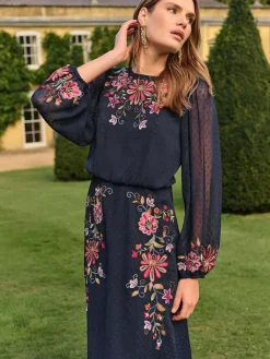 Clearance Love & Roses Navy Floral Embroidered Crew Neck Midi Dress