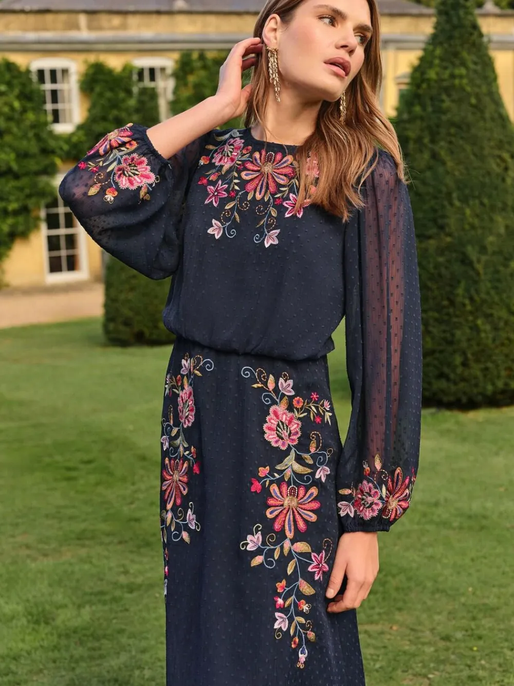 Clearance Love & Roses Navy Floral Embroidered Crew Neck Midi Dress