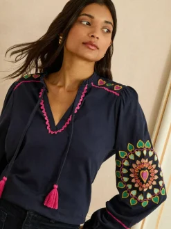 Love & Roses Navy Heart Ric Rac Embroidered Notch Neck Long Sleeve Top^Women Tops & T-Shirts