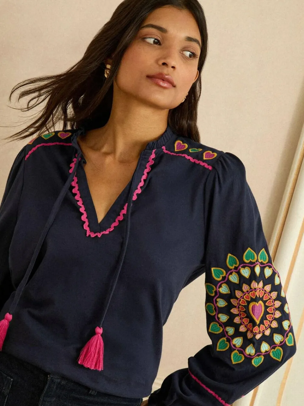 Love & Roses Navy Heart Ric Rac Embroidered Notch Neck Long Sleeve Top^Women Tops & T-Shirts