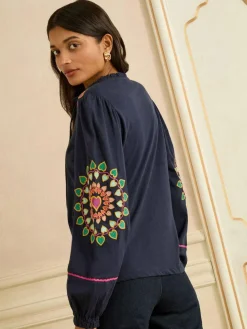 Love & Roses Navy Heart Ric Rac Embroidered Notch Neck Long Sleeve Top^Women Tops & T-Shirts