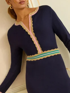 New Love & Roses Notch Neck Knitted Midi Dress Navy