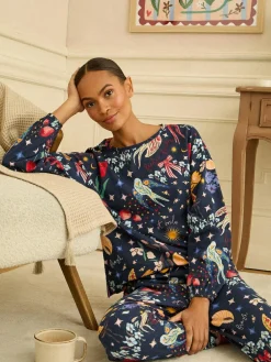 Sale Love & Roses Jersey Long Sleeve Pyjamas Set Navy Print