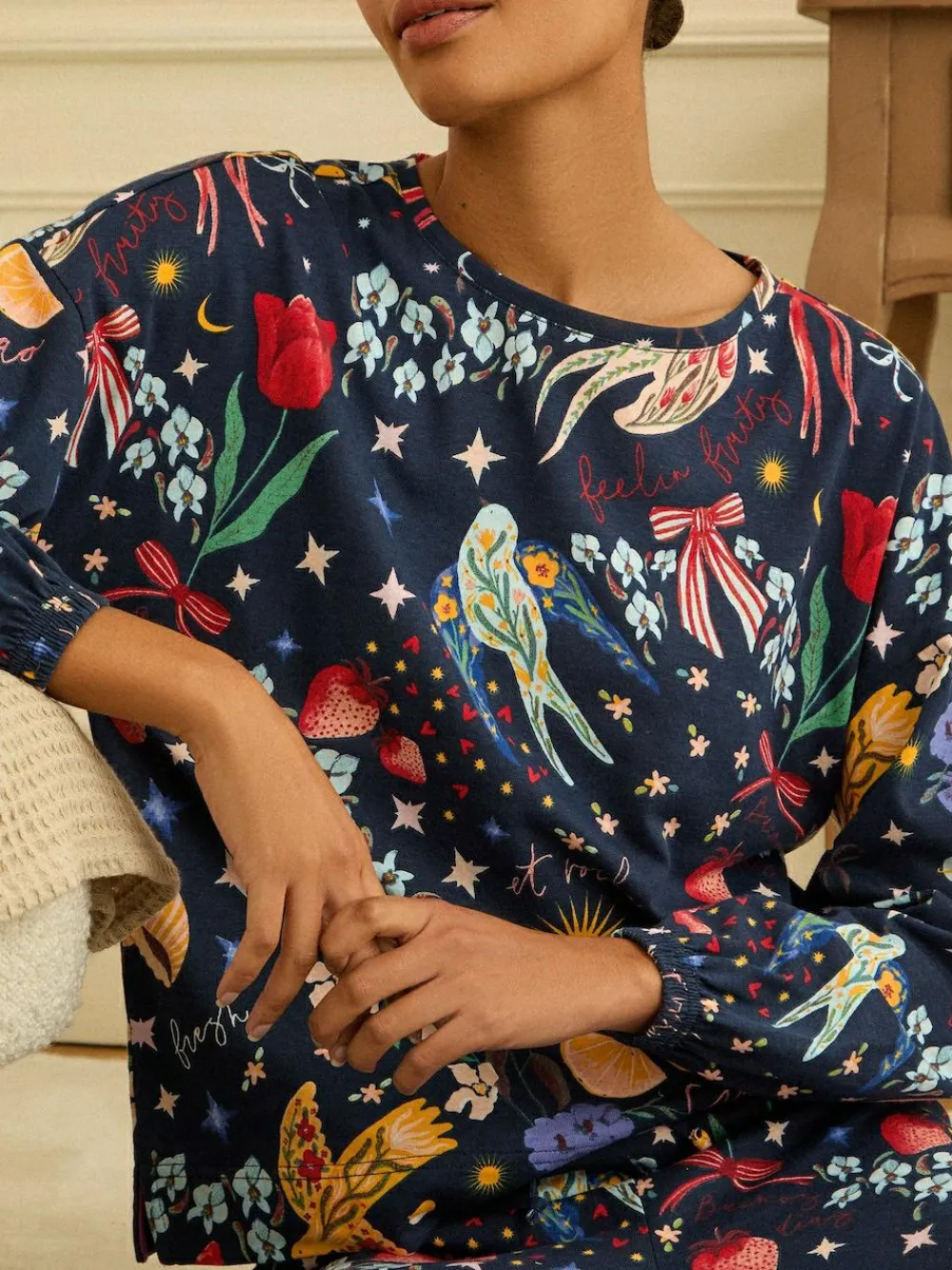 Sale Love & Roses Jersey Long Sleeve Pyjamas Set Navy Print