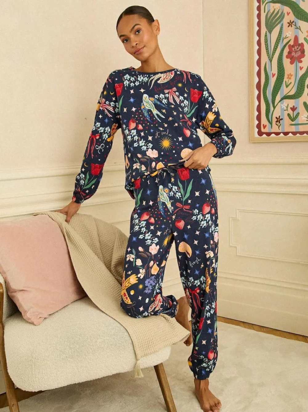 Sale Love & Roses Jersey Long Sleeve Pyjamas Set Navy Print