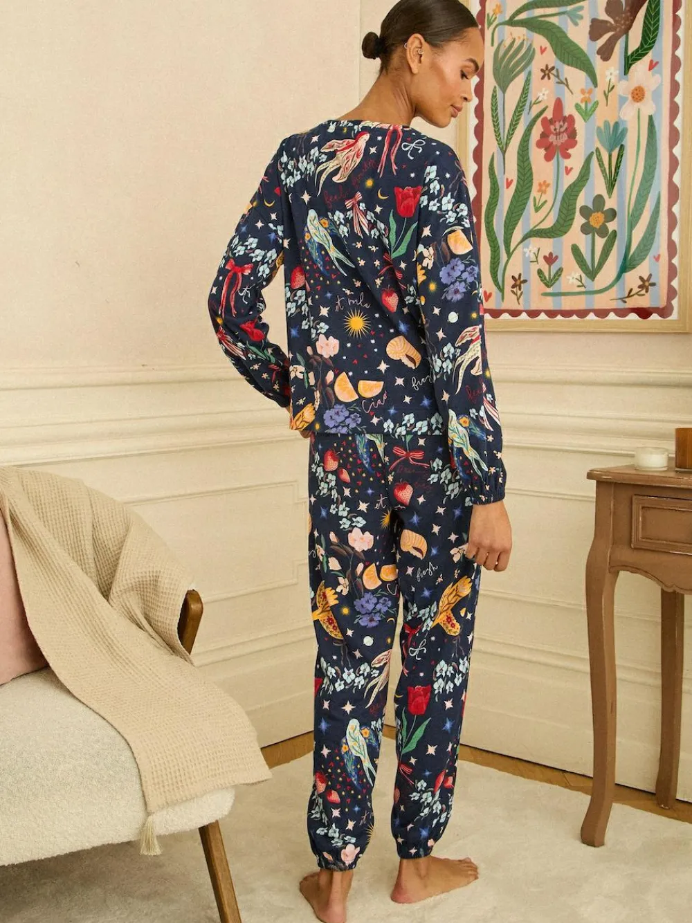 Sale Love & Roses Jersey Long Sleeve Pyjamas Set Navy Print