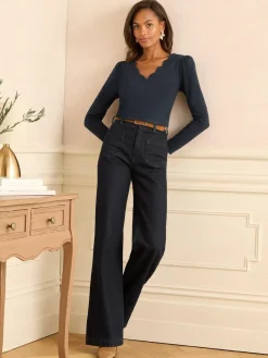 Love & Roses Navy Scallop V-Neck Long Sleeve Jersey Top^Women Tops & T-Shirts