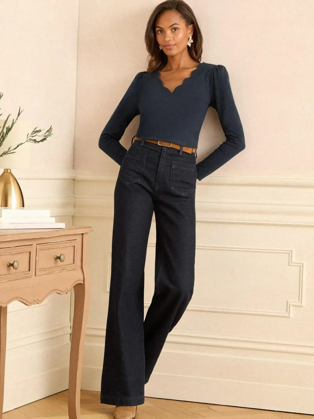 Love & Roses Navy Scallop V-Neck Long Sleeve Jersey Top^Women Tops & T-Shirts