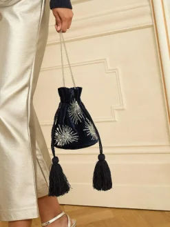 Sale Love & Roses Velvet Sequin Embellished Pouch Bag Navy