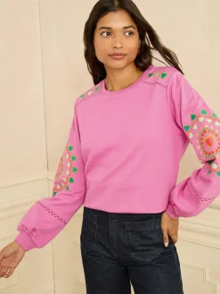 Discount Love & Roses Pink Heart Ric Rac Embroidered Sweat Top