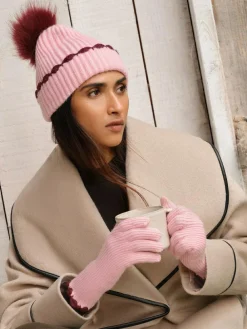 Online Love & Roses Scallop Trim Ribbed Pom Hat and Gloves Set Pink