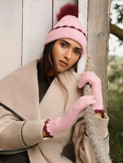 Online Love & Roses Scallop Trim Ribbed Pom Hat and Gloves Set Pink