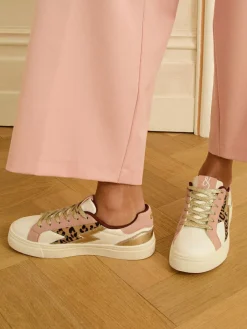 Online Love & Roses Mix Flatform Comfort Retro Low Top Trainers Real Leather Pink Leopard White