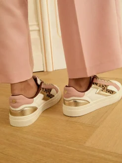 Online Love & Roses Mix Flatform Comfort Retro Low Top Trainers Real Leather Pink Leopard White