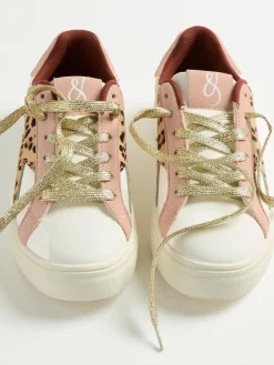 Online Love & Roses Mix Flatform Comfort Retro Low Top Trainers Real Leather Pink Leopard White
