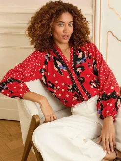 Love & Roses Red Animal Notch Neck Long Sleeve Blouse^Women Blouses & Shirts