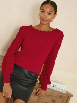 Love & Roses Red Bobble Stitch Scallop Knit Jumper^Women Nightwear|Knitwear