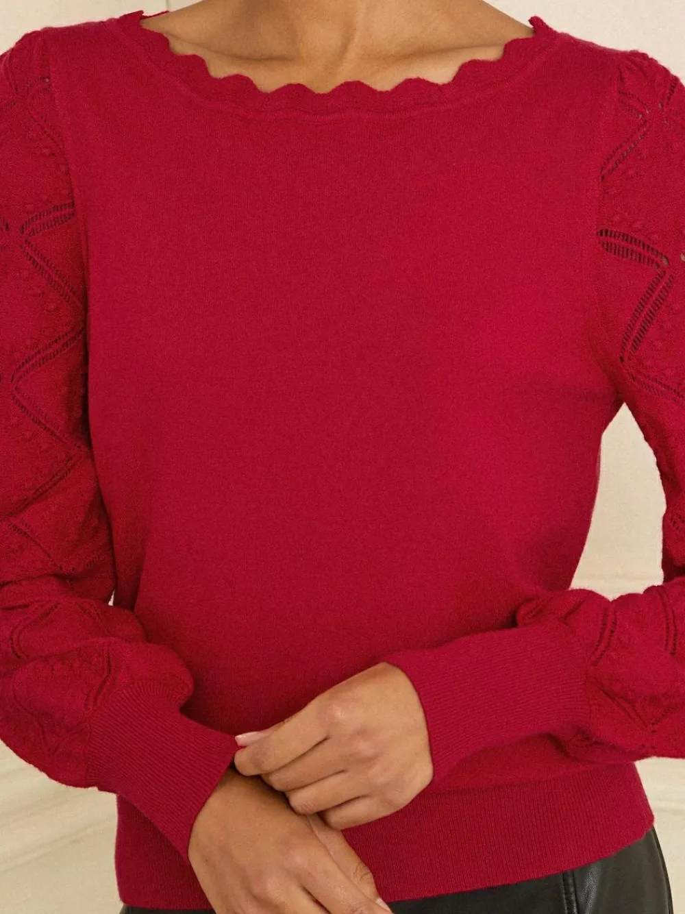 Love & Roses Red Bobble Stitch Scallop Knit Jumper^Women Nightwear|Knitwear