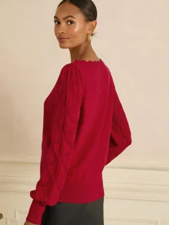 Love & Roses Red Bobble Stitch Scallop Knit Jumper^Women Nightwear|Knitwear