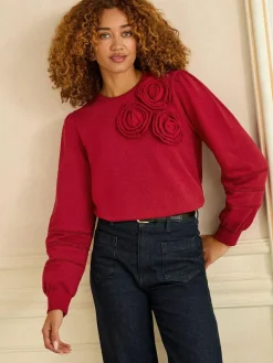 Love & Roses Red Corsage Detail Crew Neck Jersey Sweatshirt^Women Hoodies & Sweatshirts