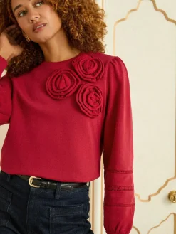 Love & Roses Red Corsage Detail Crew Neck Jersey Sweatshirt^Women Hoodies & Sweatshirts