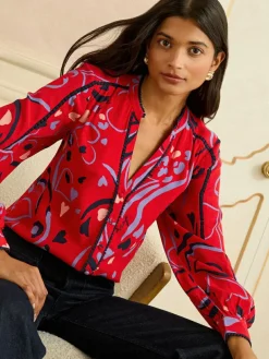 Best Love & Roses Red Print Notch Neck Long Sleeve Blouse