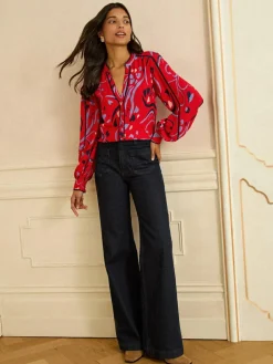 Best Love & Roses Red Print Notch Neck Long Sleeve Blouse