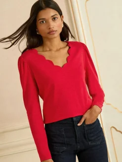 Sale Love & Roses Red Scallop V-Neck Long Sleeve Jersey Top