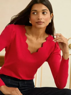 Sale Love & Roses Red Scallop V-Neck Long Sleeve Jersey Top
