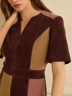 Love & Roses Tan Brown and Pink Faux Suede Mix Mini Dress^Women Dresses