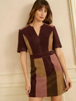 Love & Roses Tan Brown and Pink Faux Suede Mix Mini Dress^Women Dresses