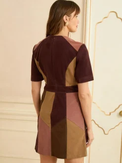 Love & Roses Tan Brown and Pink Faux Suede Mix Mini Dress^Women Dresses