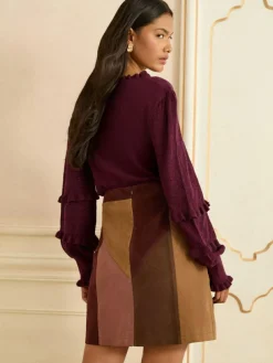 New Love & Roses Tan Brown and Pink Faux Suede Patchwork Mini Skirt