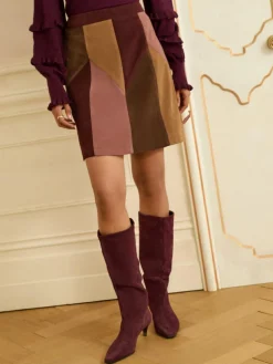 Online Love & Roses Tan Brown and Pink Petite Faux Suede Patchwork Mini Skirt