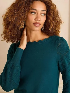 Love & Roses Teal Blue Bobble Stitch Scallop Knit Jumper