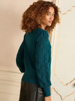 Love & Roses Teal Blue Bobble Stitch Scallop Knit Jumper