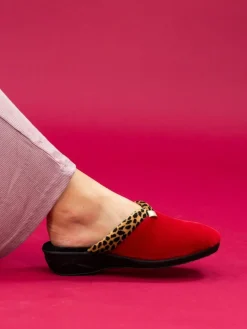 Clearance Lunar Michelle Animal Print Trim Wedged Mule Slippers Red