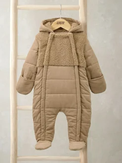 Mamas & Papas Brown Quilted Cord and Borg Pramsuit with 3D Ears^ Jackets & Coats|Snowsuits & Coats