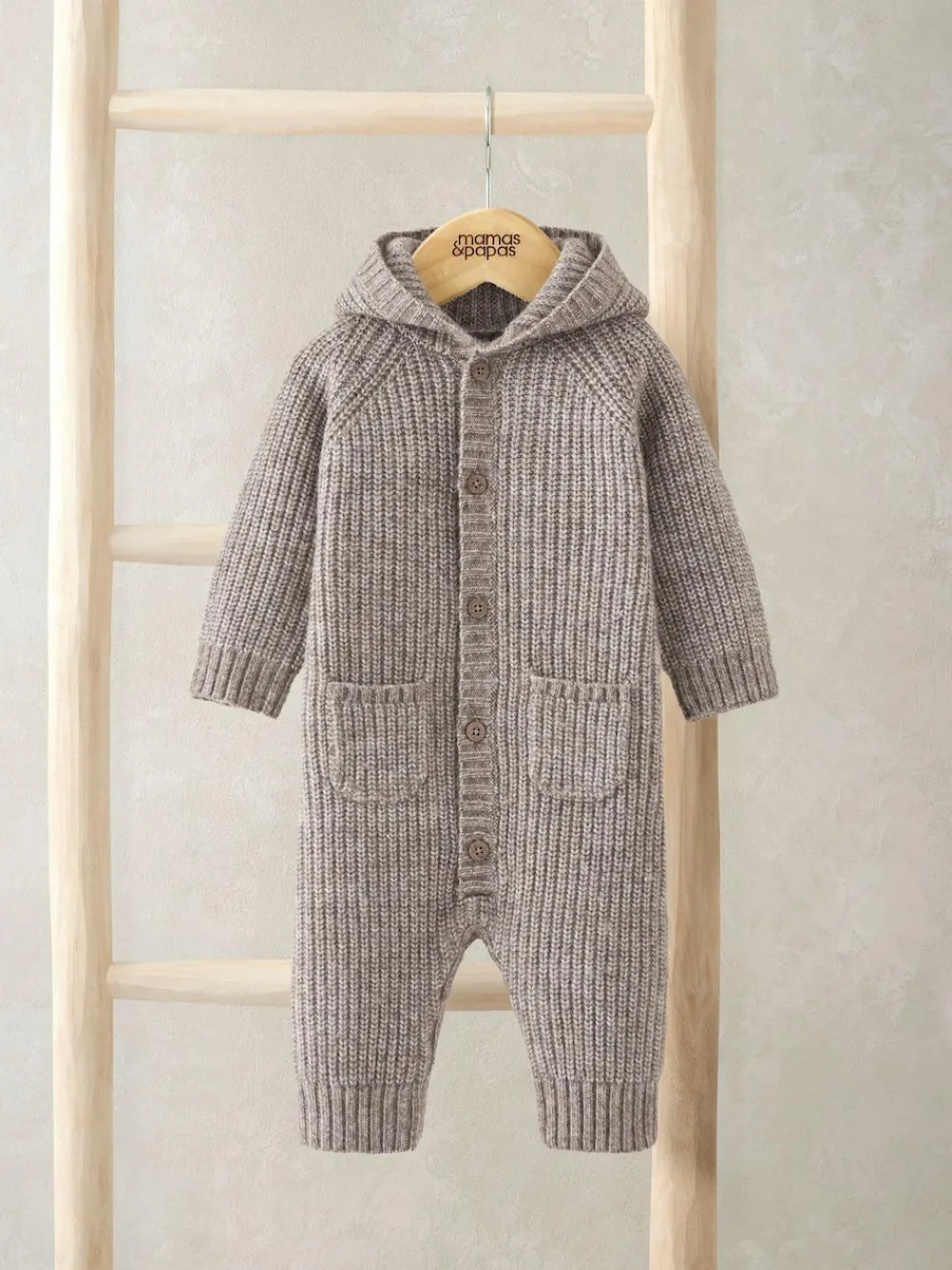 Best Mamas & Papas Brown Ribbed Knitted Romper with 3D Bear Ears