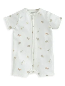 Mamas & Papas Cream 100% Cotton Safari Print Zip Shortie Romper^ Unisex|Rompers & Overalls