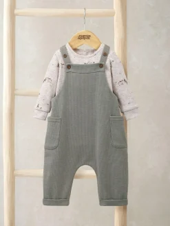 Outlet Mamas & Papas Green Waffle Dungarees and Moose Print Bodysuit Set