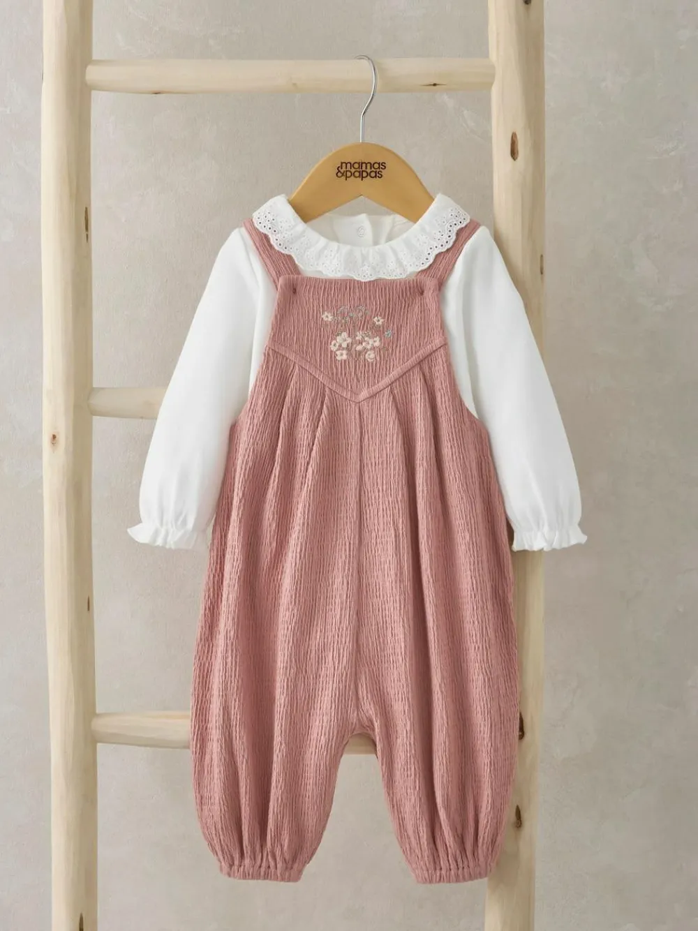 Mamas & Papas Pink 100% Cotton Crinkle Dungaree And Bodysuit Set^ Jumpsuits & Playsuits