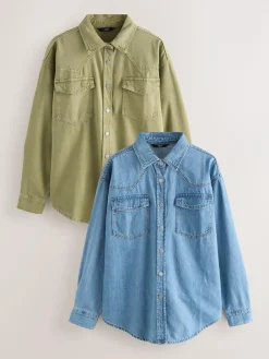 New Next Mid Blue and Khaki Green Oversized Denim Shirts 2 Pack