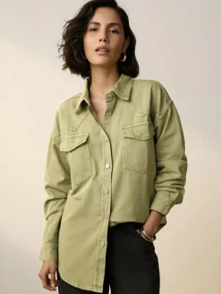 New Next Mid Blue and Khaki Green Oversized Denim Shirts 2 Pack