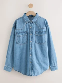 New Next Mid Blue and Khaki Green Oversized Denim Shirts 2 Pack