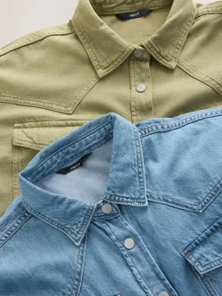 New Next Mid Blue and Khaki Green Oversized Denim Shirts 2 Pack