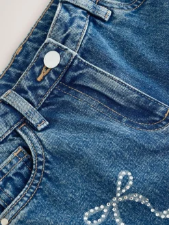 Next Mid Blue Barrel Fit Wide Floral Print Embellished Jeans (3-16yrs)^ Jeans