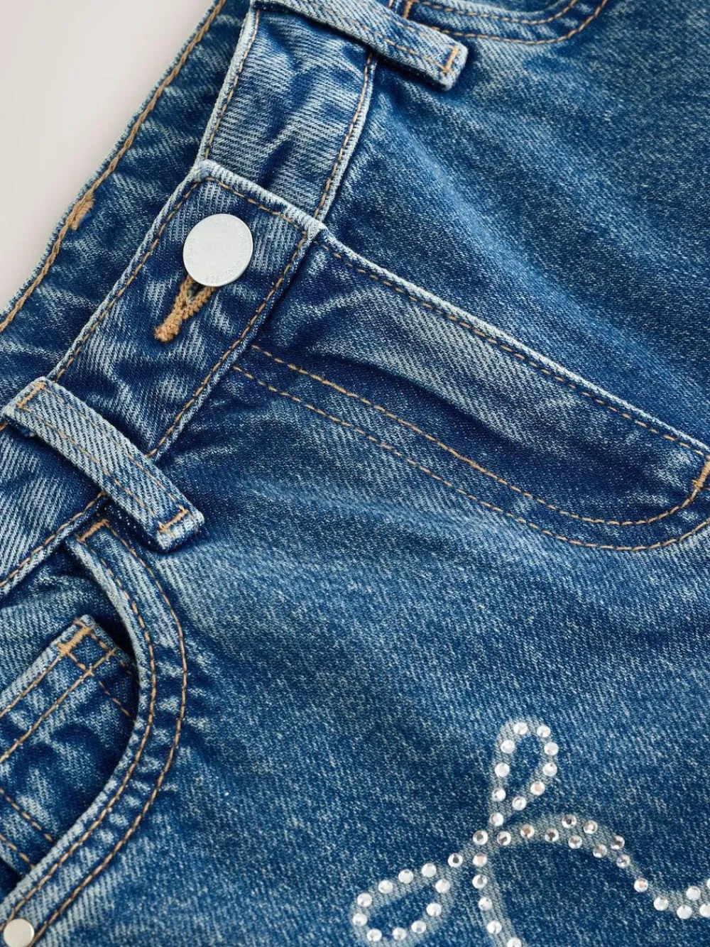 Next Mid Blue Barrel Fit Wide Floral Print Embellished Jeans (3-16yrs)^ Jeans