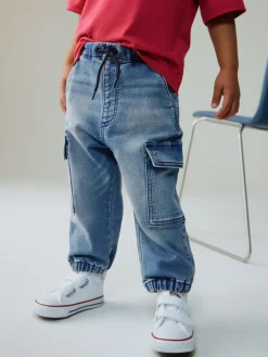 New Next Comfort Stretch Wide Cargo Jeans (3mths-7yrs) Mid Blue