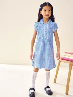 Clearance Next Cotton Rich Button Front Lace Gingham School Dress (3-14yrs) Mid Blue